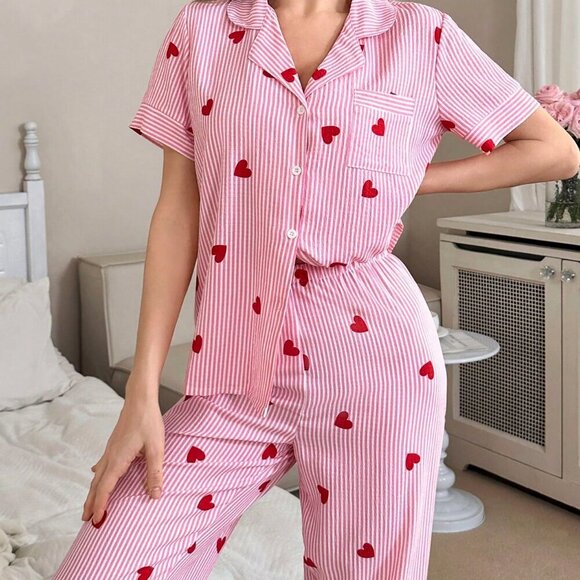 Pink Romantic Women's Valentine's Day Stripe & Heart Print Lapel Pajamas - Picture 4 of 6